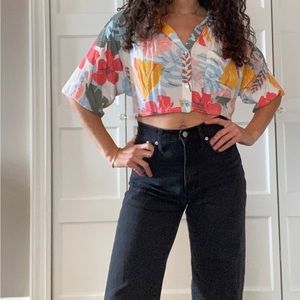 Blissful Getaway Peach Multi Floral Print Button-Up Crop Top